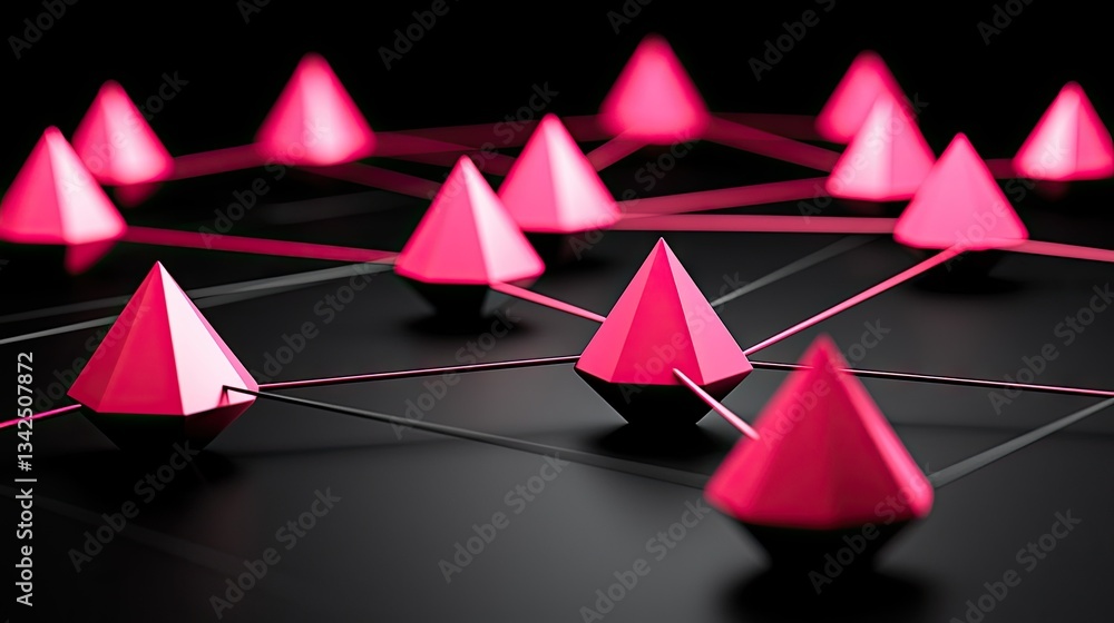 Sticker pink cones connected in a web on black background, abstract digital network for concept of future