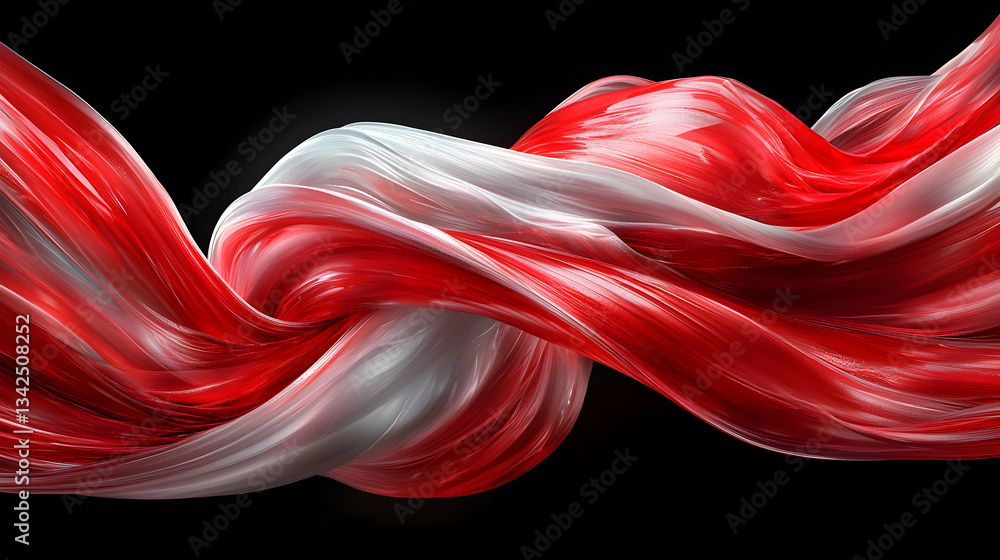 Poster abstract flowing red and white twisted textures on a black background representing movement and ener