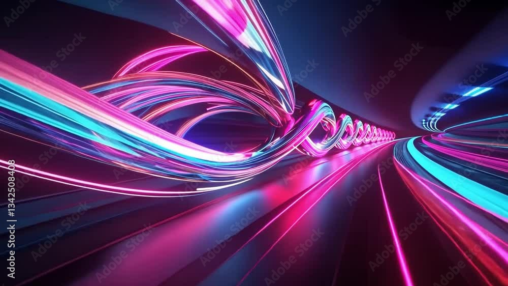 Poster dynamic display of vibrant neon lights futuristic tunnel swirling pink and blue streaks convey motio