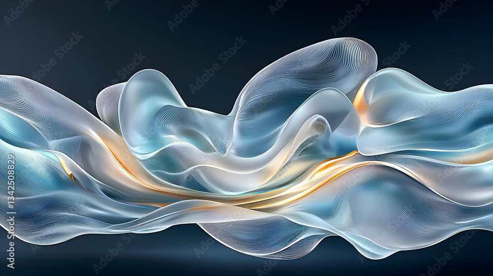 Poster abstract fluid wave design in blue and gold with soft curves and elegant motion