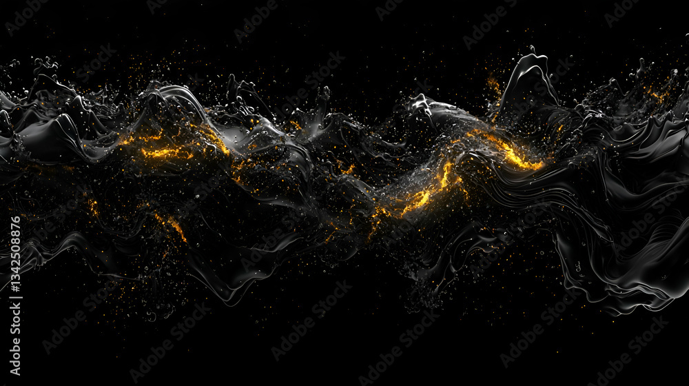 Poster abstract fluid wave with gold sparkles and black background creating a dynamic visual flow