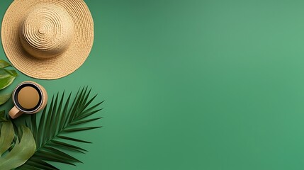 Summer Tropical Flatlay with Hat Coffee and Leaves