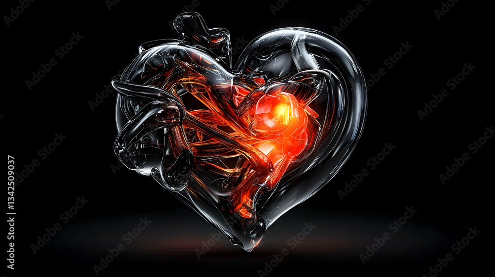 Poster abstract glowing heart design with fiery core in black and red against a dark background