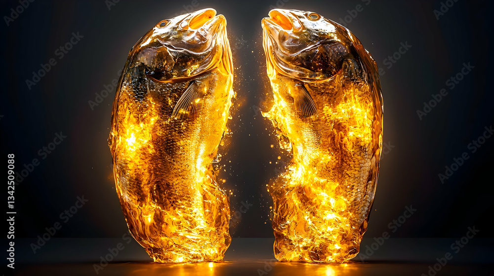Poster abstract golden fish splitting open with illuminated sparkling details in modern art style