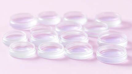 Small, clear cosmetic containers on pink background