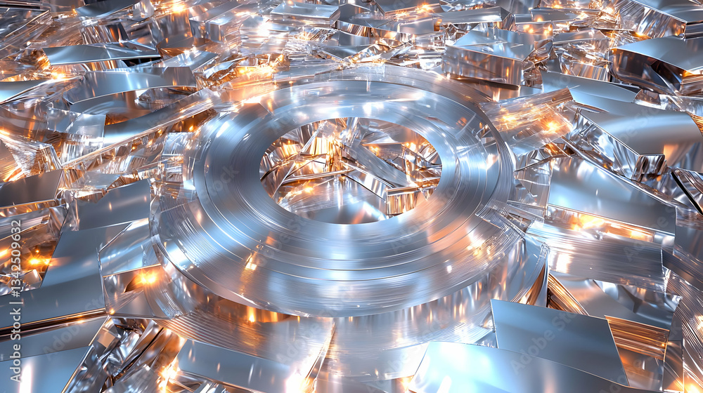 Poster abstract metallic structure with circular elements reflecting bright lights and textures