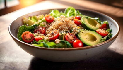 A close-up of a gourmet organic salad served in a ceramic bowl.