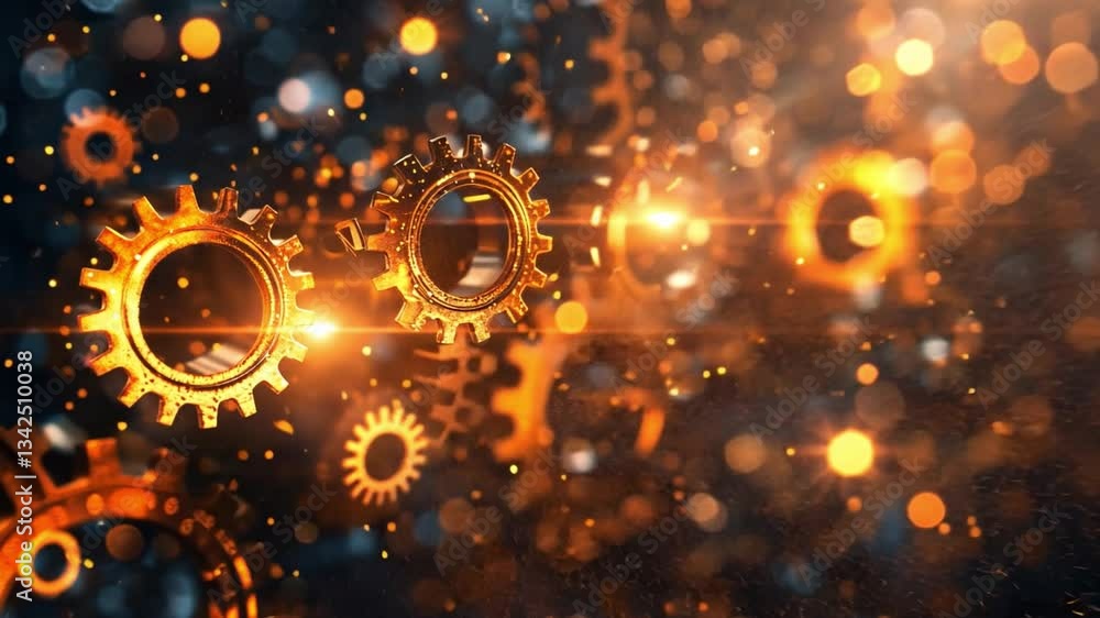 Poster golden gears and cogs in dynamic abstract machinery illuminated by glowing light, conveying motion, 
