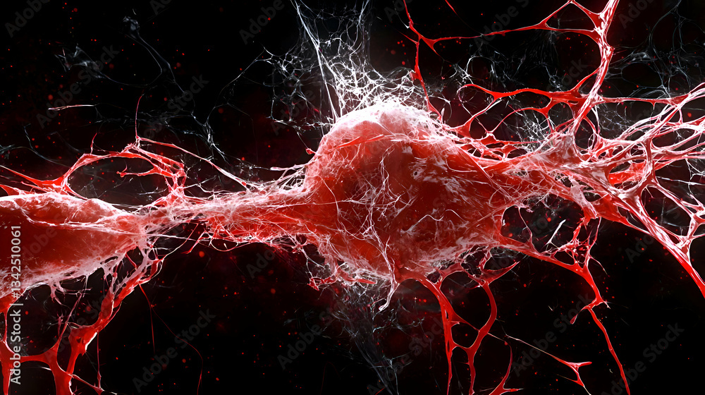 Poster abstract red neuron network cell structure with light effects on a dark background