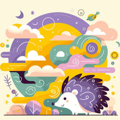 Colorful vector illustration of a hedgehog in a whimsical landscape with clouds and vibrant colors