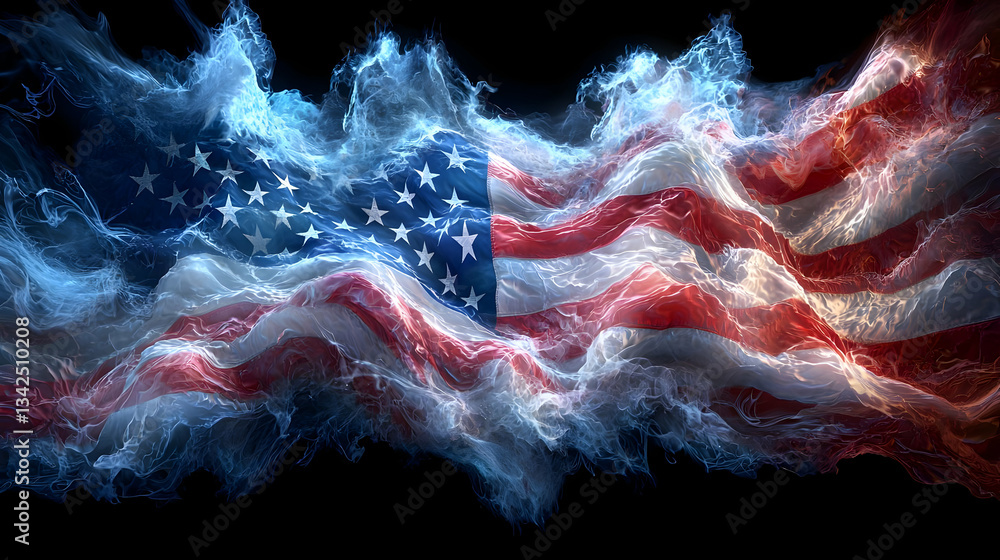Poster abstract representation of american flag in dynamic waves of light and colorful motion
