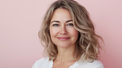Naklejka premium Close-up studio portrait of a middle-aged woman with shoulder-length wavy blonde hair. The subject is smiling subtly, exhibiting a calm and confident expression. Her skin appears healthy and her