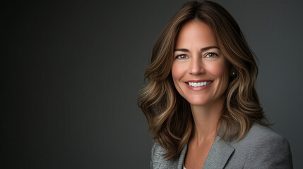 Fototapeta premium Close-up studio shot of a smiling woman against a solid gray backdrop. The subject is a middle-aged woman with shoulder-length wavy brown hair, wearing a gray suit jacket. The lighting is soft and