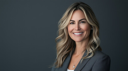 Naklejka premium A medium shot portrait of a woman with shoulder-length blonde hair styled in loose waves.&nbsp;She is wearing a gray blazer. The image features a shallow depth of field, focusing on the woman's face and