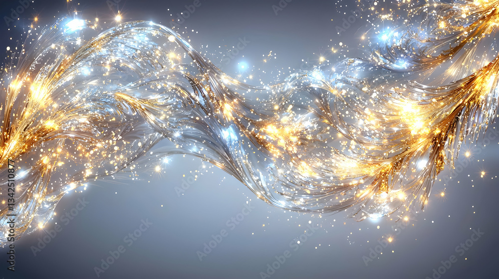 Poster abstract swirling light patterns with sparkling elements in gold and blue hues on a soft background