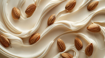 Almond cream texture with whole almonds. Luxury skincare product with natural ingredients.