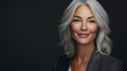 Close-up studio portrait of a middle-aged woman with shoulder-length silver hair.  The subject is looking directly at the camera with a soft, confident smile.  She has minimal makeup and her skin
