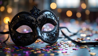An elegant black masquerade mask rests amidst vibrant confetti, hinting at a night of mystery and celebration with soft bokeh lighting.