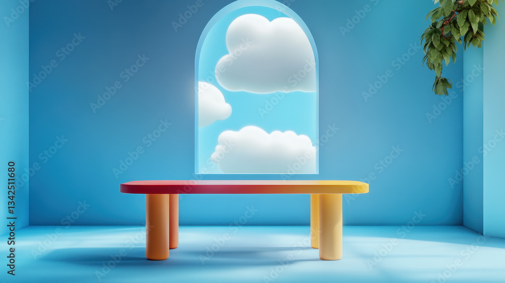 Poster 3d render of a colorful table in a blue room with an arched window and a cloud on the wall