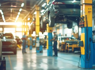 Blurred background of an auto repair shop with cars on lifts and mechanics working in the garage, a car service concept. Copy space available. High quality image.