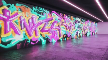 Vibrant Graffiti Wall Art in Urban Setting  Neon Lights  High Resolution