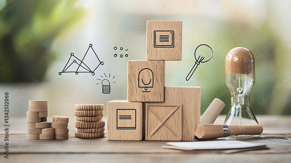 Poster wooden blocks arranged in a stack, depicting various business icons and elements, representing growt