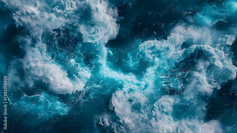 Poster aerial view of dynamic ocean waves with turquoise and white foam creating abstract patterns