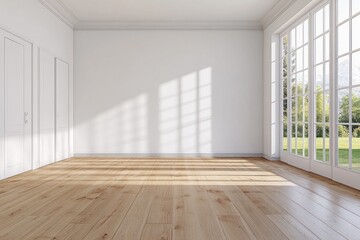 An empty sunlit room with large windows overlooking a landscape