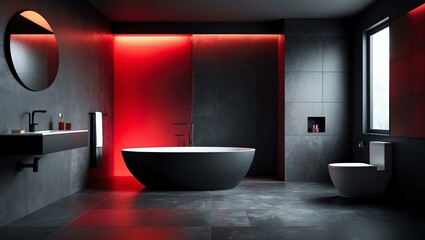 Aesthetic gradient black to red themed bathroom interior concept