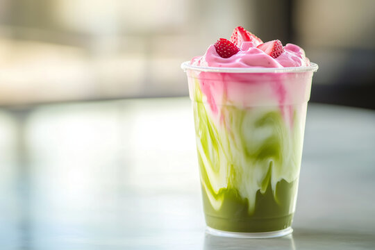 Close-up of an iced strawberry matcha latte in a cup and pink strawberry syrup swirling together, topped with whipped cream and fresh strawberry slices. Concept of refreshing beverages, summer treats.