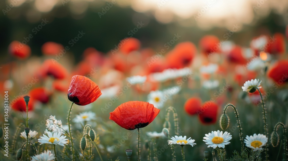 Poster vibrant field of red poppies and white daisies in bloom with blurred background and natural light su