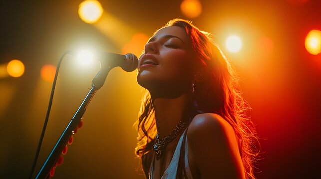 A singer on stage under bright lights, with room for a logo