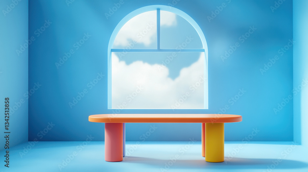 Poster 3d render of a colorful table in a blue room with an arched window and a cloud on the wall