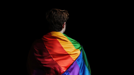 Back View of a Young Caucasian Man Wrapped in a Rainbow Flag, Isolated on a Black Background, Representing the LGBT+ Community and Advocating for Minority and Human Rights


