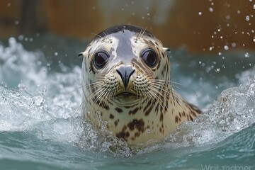 Obraz premium Playful Sea Lion Splashes Joyfully in Clear Water During a Sunny Day at the Marine Sanctuary