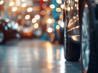 Blurred background of an auto repair shop with cars on lifts and mechanics working in the garage, a car service concept. Copy space available. High quality image.
