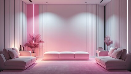 Aesthetic gradient white to pink themed home theater interior concept