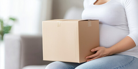 Fototapeta premium A pregnant woman sits on a couch in the living room with a cardboard box. Delivery of goods and care products for pregnant women.