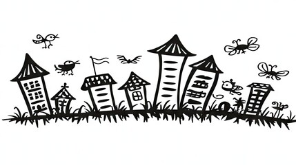 Obraz premium Cartoon skyline featuring buildings, plants, and cartoon animals, ideal for children's content