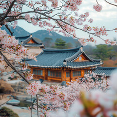 Street View of Korean City With Cherry Blossoms Blooming

