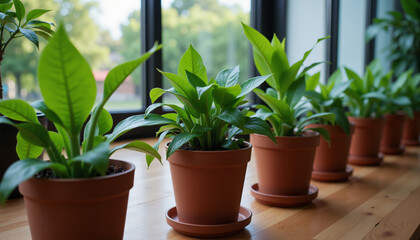 Obraz premium Lush green potted plants thriving on a wooden table illuminated by natural sunlight, creating a calming indoor oasis