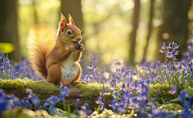 A red squirrel with an acorn in its mouth, standing on the mossy ground