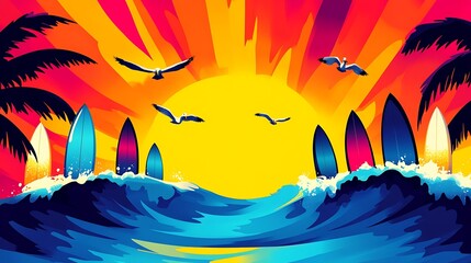 Sunset Surf Paradise: Vibrant Ocean Scene with Surfboards and Palm Trees