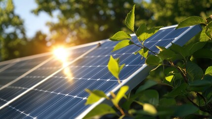 Solar Panels with Sunlight Reflection and Green Leaves in Background
