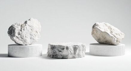 Modern Minimalist Display with White Rocks on Circular Bases