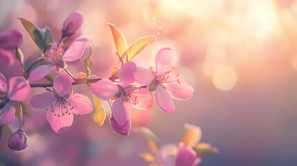 Delicate pink blossoms bask in soft sunlight, their petals unfurling in a gentle dance of spring, whispering promises of renewal and growth. Whispering Growth. Illustration