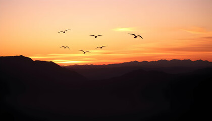 Birds Flying Over Majestic Mountain Range at Sunset Golden Hour Landscape Photography