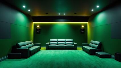 Aesthetic gradient black to green themed home theater interior concept