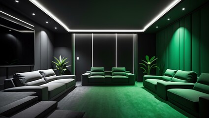Aesthetic gradient black to green themed home theater interior concept