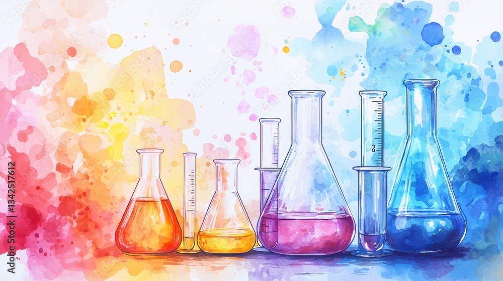 Poster watercolor background with copy space. backdrop with test tubes and flasks with colorful liquids. ba